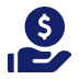 Blue icon depicting a hand holding a coin with a dollar symbol.