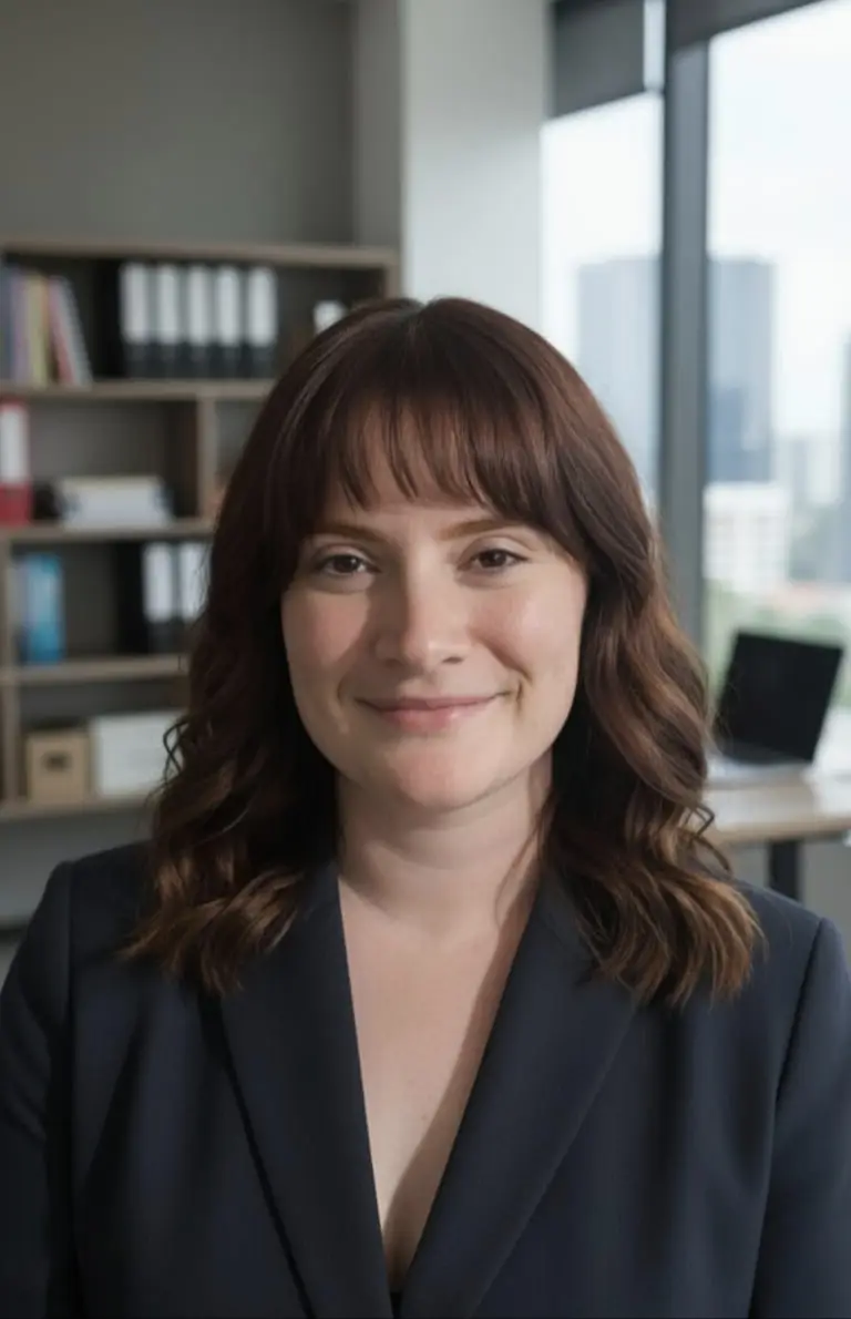 Professional woman with shoulder-length brown hair and bangs, wearing a dark blazer, office background with shelves and window.