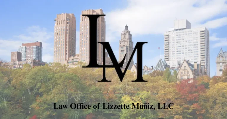 City skyline with autumn trees in foreground and Law Office of Lizzette Muñiz, LLC logo overlay.