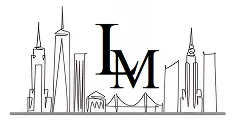 Black and white skyline illustration with stylized letters "LM" centered.
